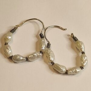 Vintage Gold Tone Freshwater Pearl Hoop Pierced Earrings